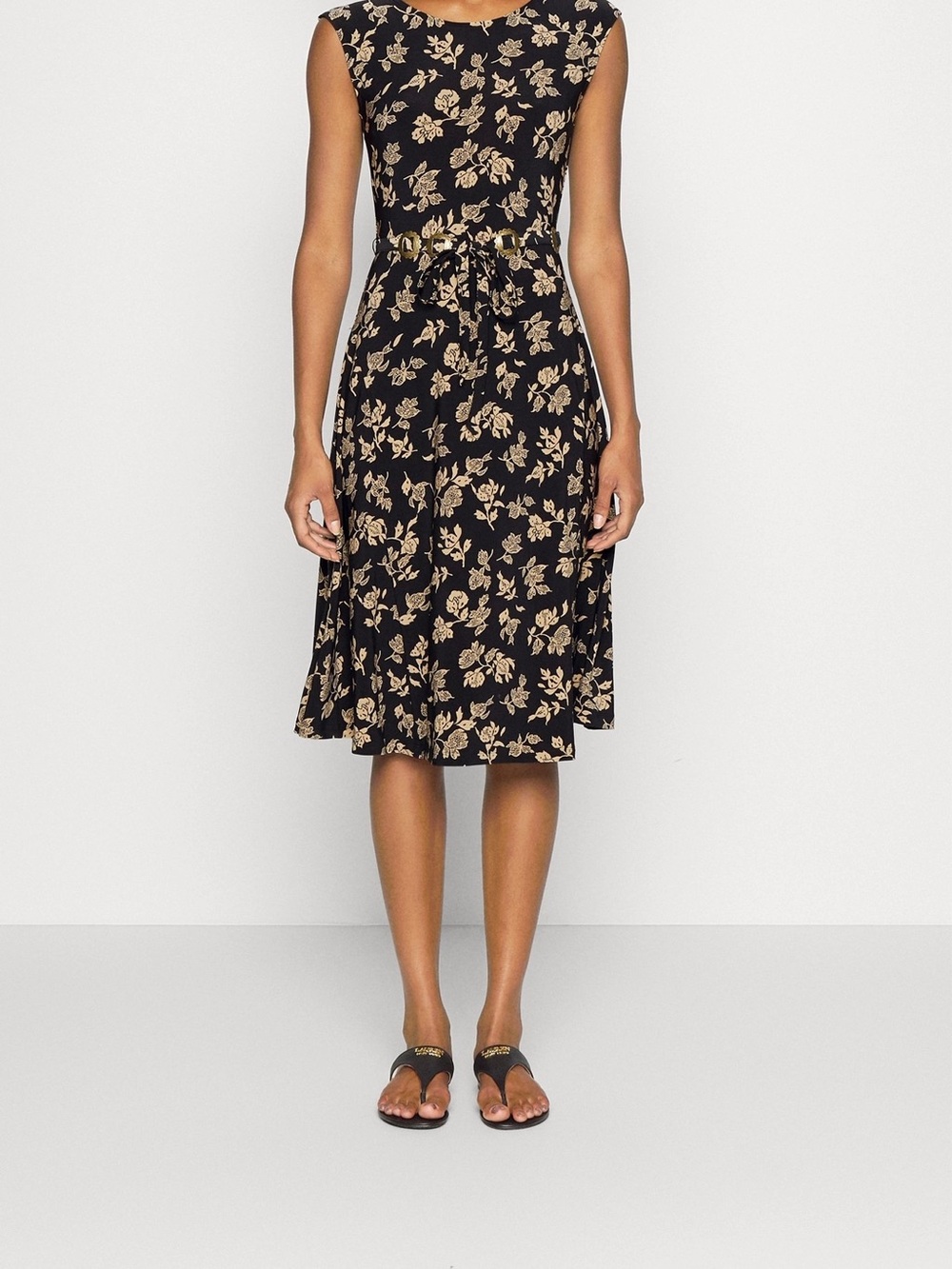 Lauren Ralph Lauren Black Floral Sleeveless Belted Midi Dress Small